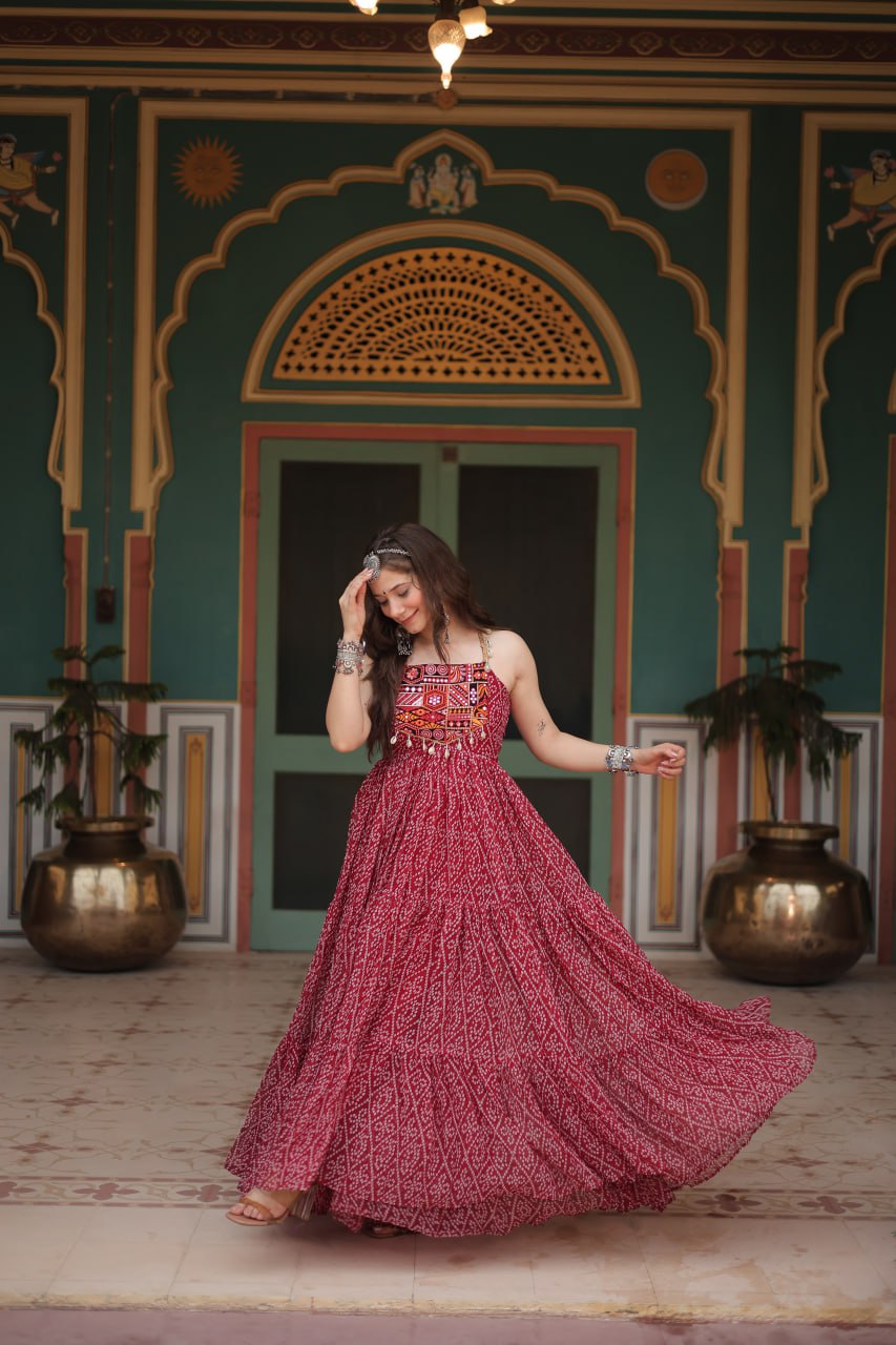 Maroon Bandhani Print Sleeveless Gown with Kutchi Patchwork