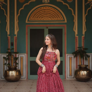 Maroon Bandhani Print Sleeveless Gown with Kutchi Patchwork