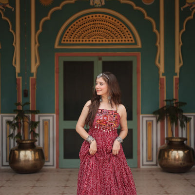 Maroon Bandhani Print Sleeveless Gown with Kutchi Patchwork