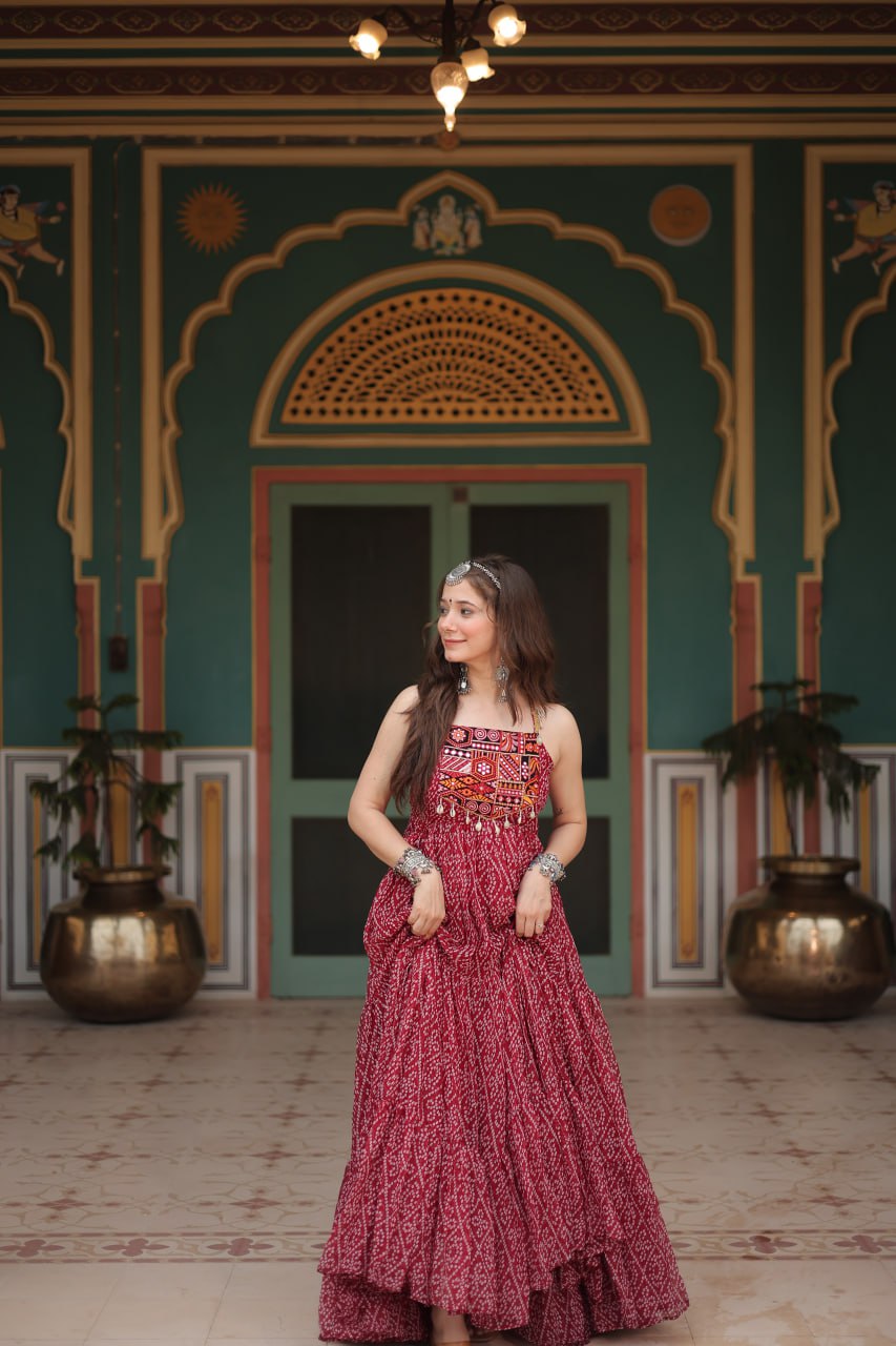 Maroon Bandhani Print Sleeveless Gown with Kutchi Patchwork