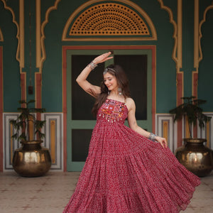 Maroon Bandhani Print Sleeveless Gown with Kutchi Patchwork