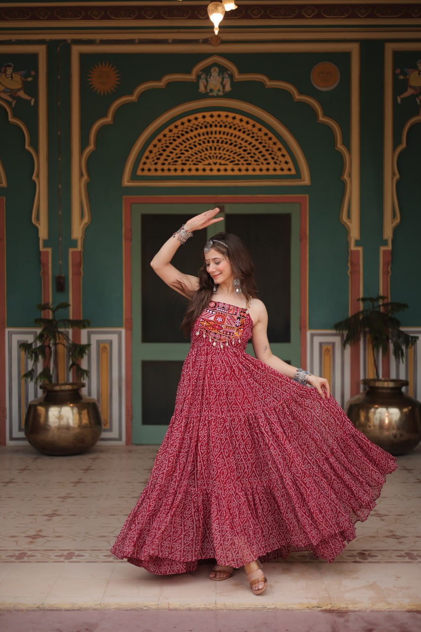 Maroon Bandhani Print Sleeveless Gown with Kutchi Patchwork