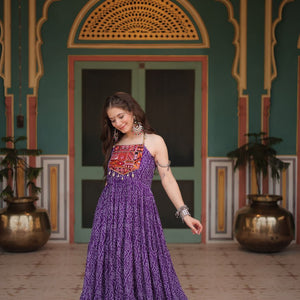 Purple Bandhani Print Sleeveless Gown with Kutchi Patchwork