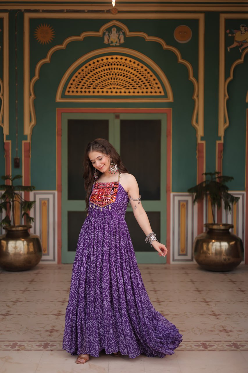 Purple Bandhani Print Sleeveless Gown with Kutchi Patchwork