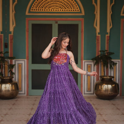 Purple Bandhani Print Sleeveless Gown with Kutchi Patchwork