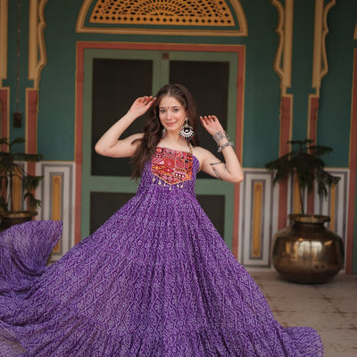 Purple Bandhani Print Sleeveless Gown with Kutchi Patchwork