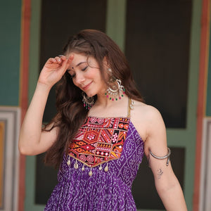 Purple Bandhani Print Sleeveless Gown with Kutchi Patchwork