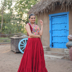Maroon Rayon Lehenga Set with Embroidered Gamthi Work