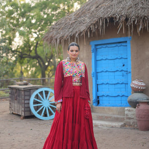 Maroon Rayon Lehenga Set with Embroidered Gamthi Work
