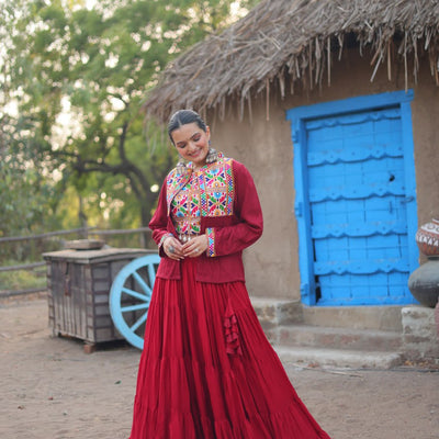 Maroon Rayon Lehenga Set with Embroidered Gamthi Work