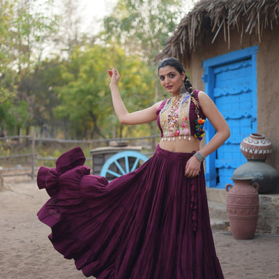 Purple Rayon Lehenga Set with Embroidered Gamthi Work