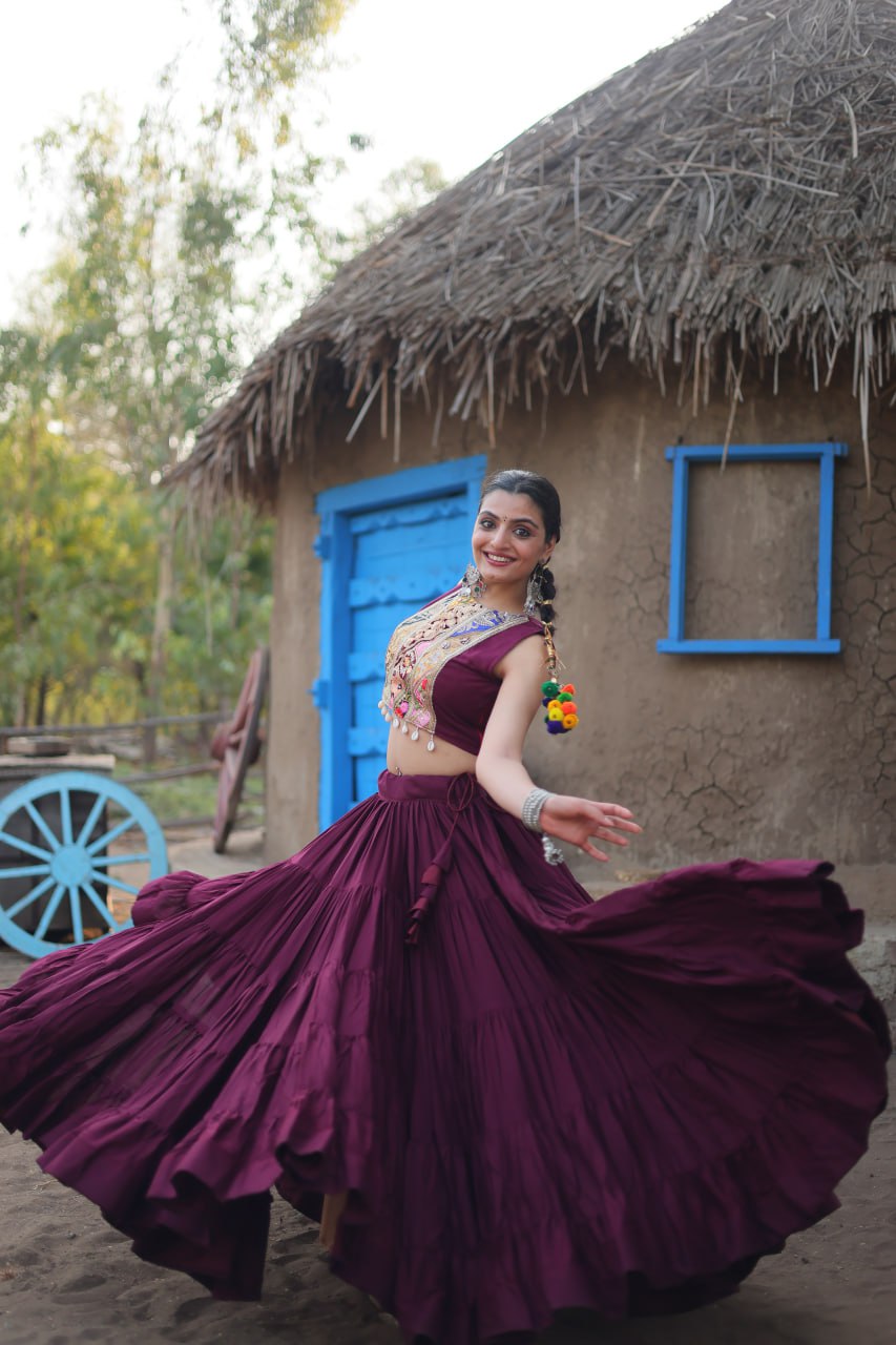 Purple Rayon Lehenga Set with Embroidered Gamthi Work