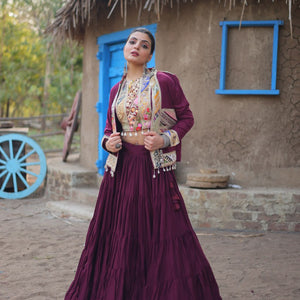 Purple Rayon Lehenga Set with Embroidered Gamthi Work