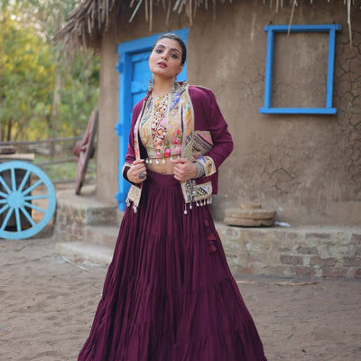 Purple Rayon Lehenga Set with Embroidered Gamthi Work