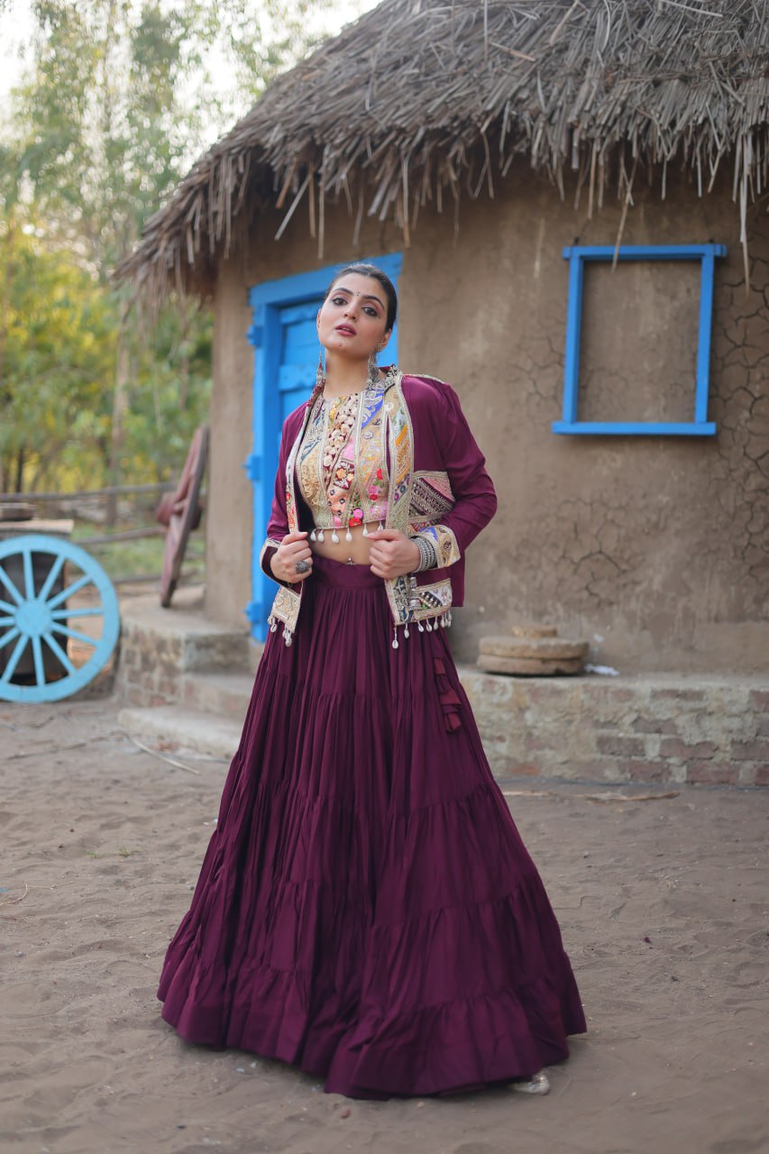Purple Rayon Lehenga Set with Embroidered Gamthi Work