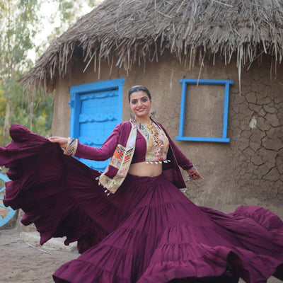 Purple Rayon Lehenga Set with Embroidered Gamthi Work