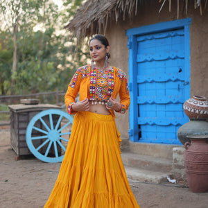 Yellow Rayon Lehenga Set with Embroidered Gamthi Work