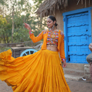 Yellow Rayon Lehenga Set with Embroidered Gamthi Work