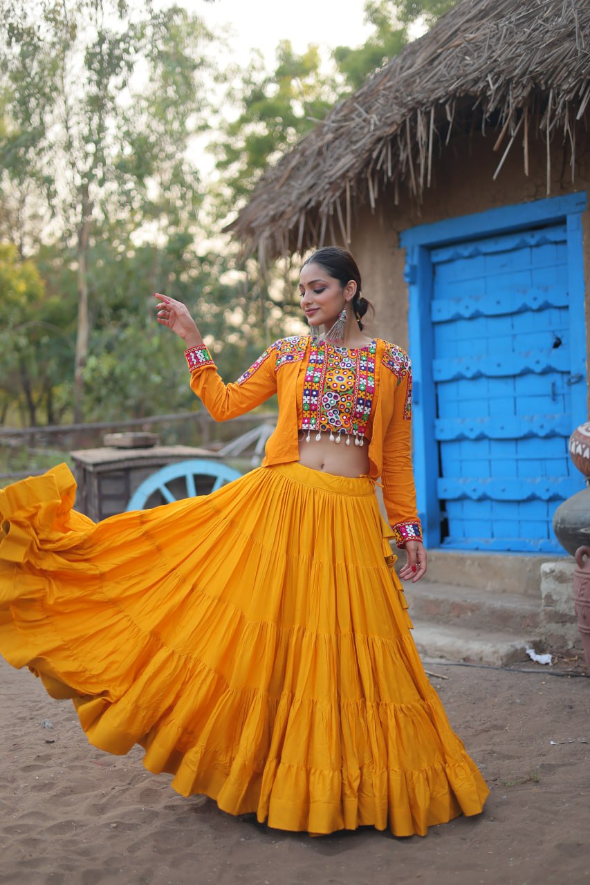 Yellow Rayon Lehenga Set with Embroidered Gamthi Work