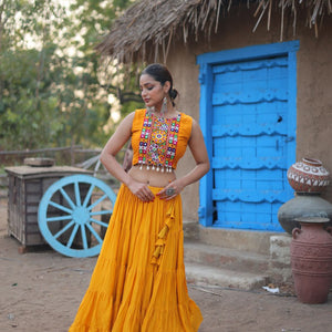 Yellow Rayon Lehenga Set with Embroidered Gamthi Work