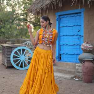 Yellow Rayon Lehenga Set with Embroidered Gamthi Work