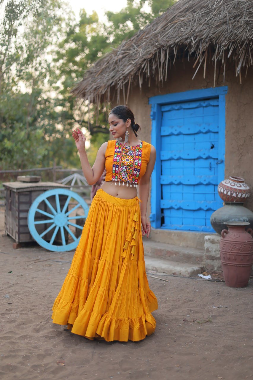 Yellow Rayon Lehenga Set with Embroidered Gamthi Work