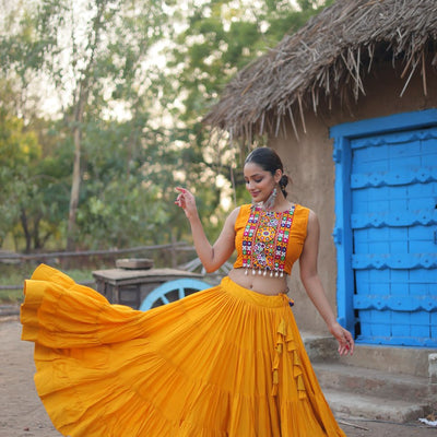 Yellow Rayon Lehenga Set with Embroidered Gamthi Work