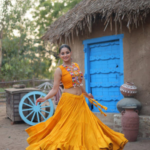Yellow Rayon Lehenga Set with Embroidered Gamthi Work