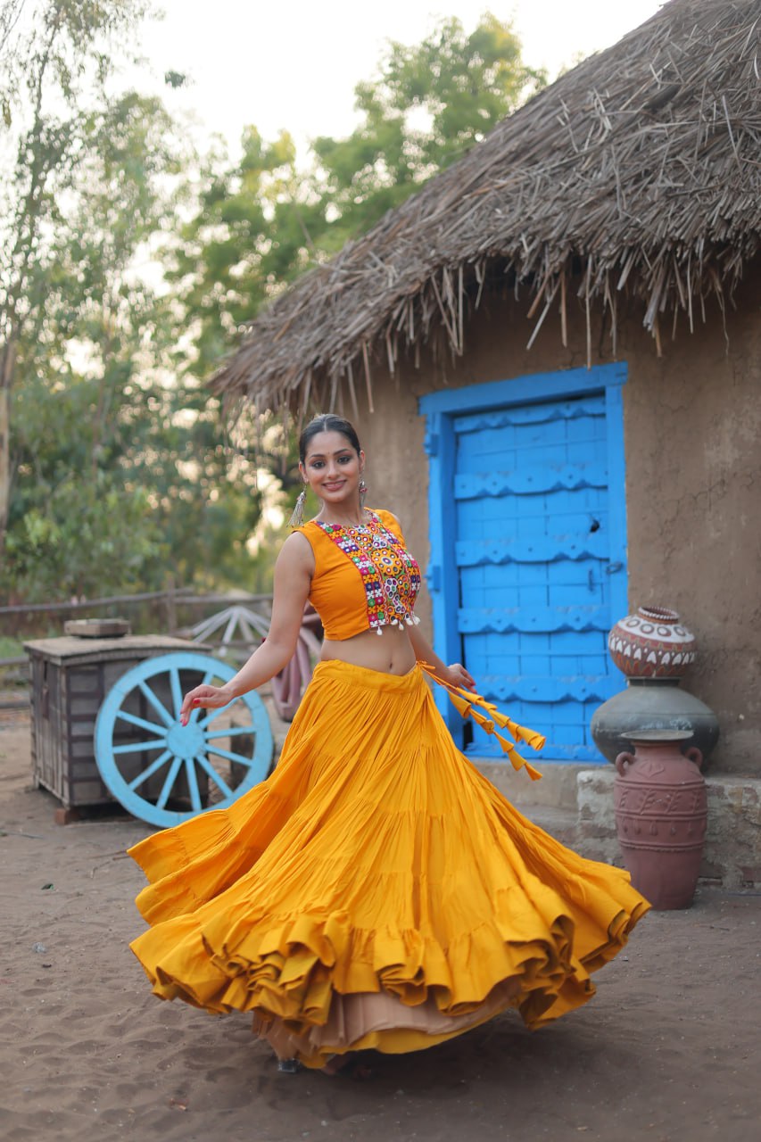 Yellow Rayon Lehenga Set with Embroidered Gamthi Work