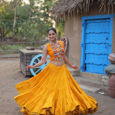 Yellow Rayon Lehenga Set with Embroidered Gamthi Work