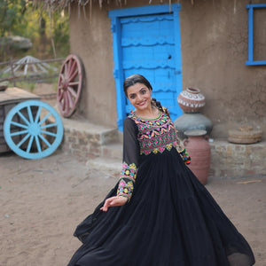 Black Elegant Faux Blooming Gown with Kutchi Gamthi Work