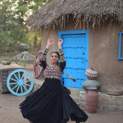 Black Elegant Faux Blooming Gown with Kutchi Gamthi Work