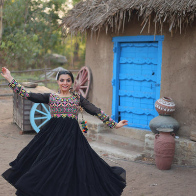 Black Elegant Faux Blooming Gown with Kutchi Gamthi Work
