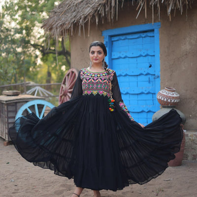 Black Elegant Faux Blooming Gown with Kutchi Gamthi Work
