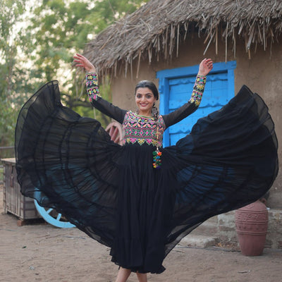 Black Elegant Faux Blooming Gown with Kutchi Gamthi Work
