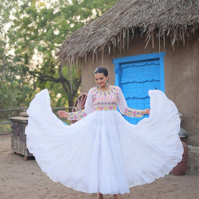 White Elegant Faux Blooming Gown with Kutchi Gamthi Work