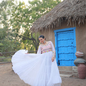 White Elegant Faux Blooming Gown with Kutchi Gamthi Work
