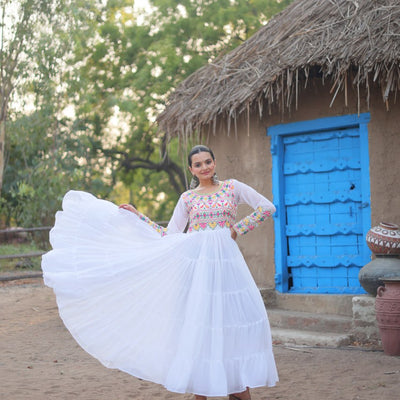 White Elegant Faux Blooming Gown with Kutchi Gamthi Work