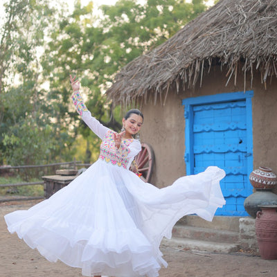 White Elegant Faux Blooming Gown with Kutchi Gamthi Work