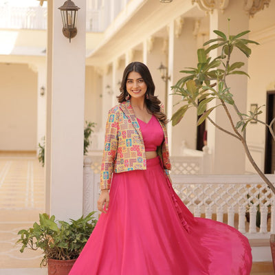 Pink Chinnon Lehenga Set with Sleeveless Blouse and Jacquard Koti