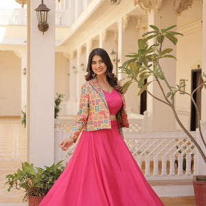 Pink Chinnon Lehenga Set with Sleeveless Blouse and Jacquard Koti