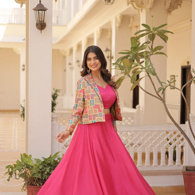 Pink Chinnon Lehenga Set with Sleeveless Blouse and Jacquard Koti