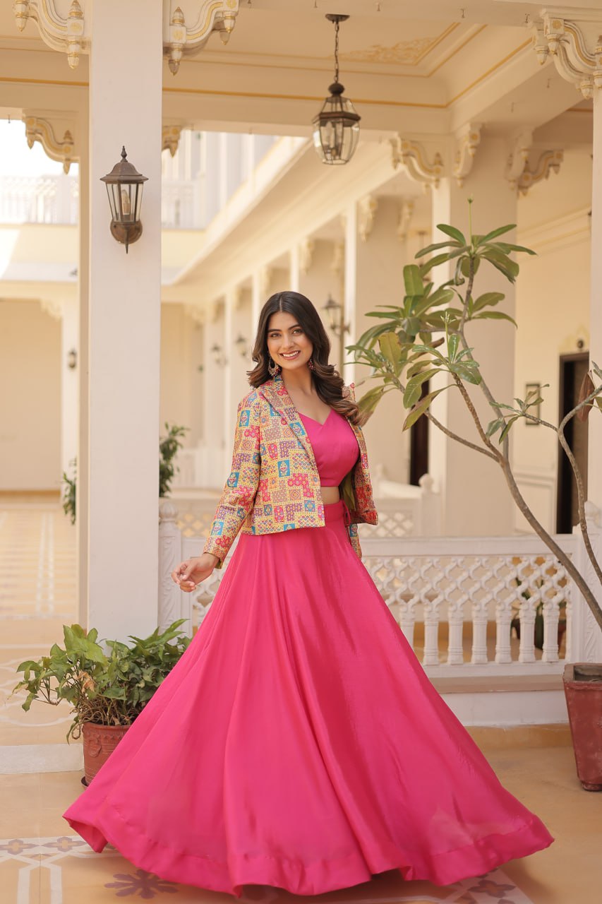 Pink Chinnon Lehenga Set with Sleeveless Blouse and Jacquard Koti