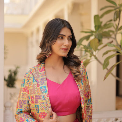Pink Chinnon Lehenga Set with Sleeveless Blouse and Jacquard Koti