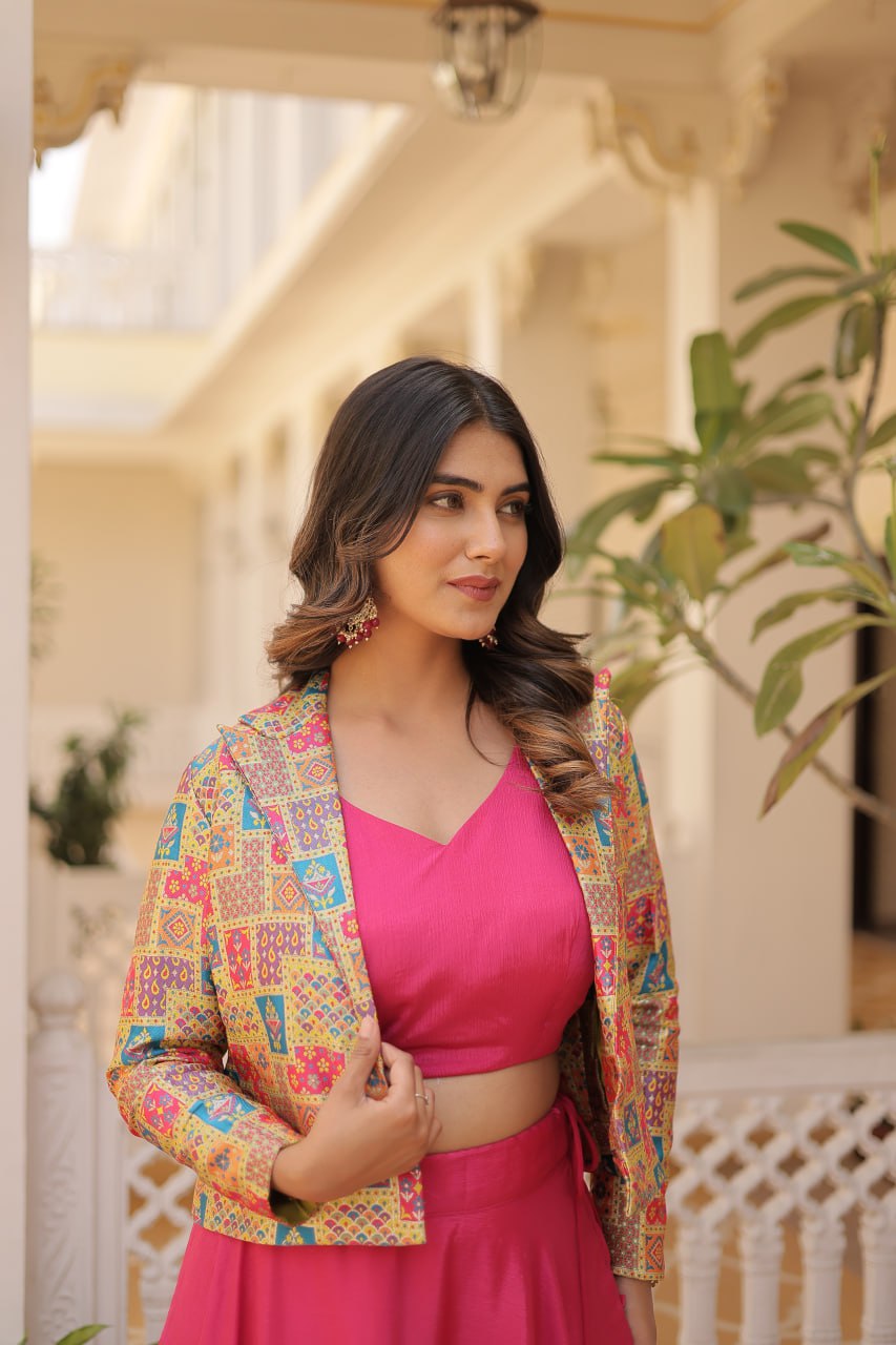 Pink Chinnon Lehenga Set with Sleeveless Blouse and Jacquard Koti