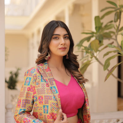 Pink Chinnon Lehenga Set with Sleeveless Blouse and Jacquard Koti