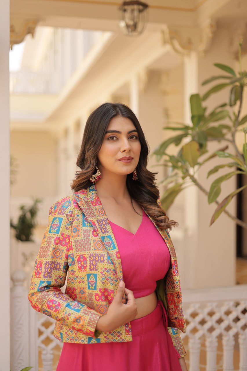 Pink Chinnon Lehenga Set with Sleeveless Blouse and Jacquard Koti