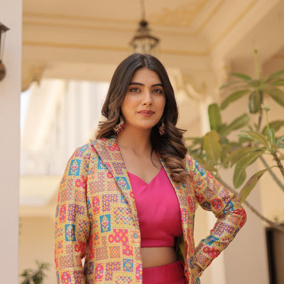 Pink Chinnon Lehenga Set with Sleeveless Blouse and Jacquard Koti