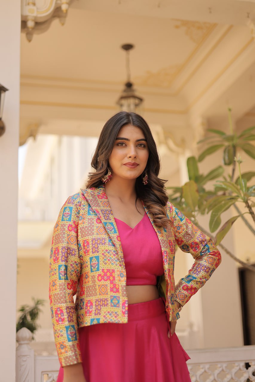 Pink Chinnon Lehenga Set with Sleeveless Blouse and Jacquard Koti