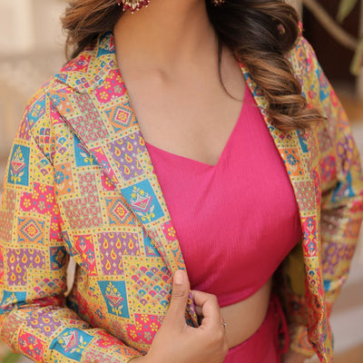 Pink Chinnon Lehenga Set with Sleeveless Blouse and Jacquard Koti